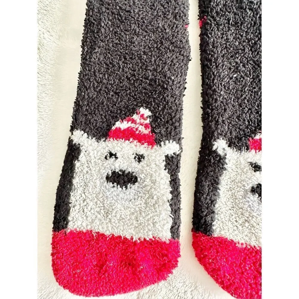 Christmas, polar bear, black, white and red fuzzy socks